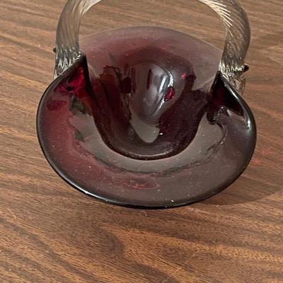 Vintage Folded Ruby Red Glass Handled Basket