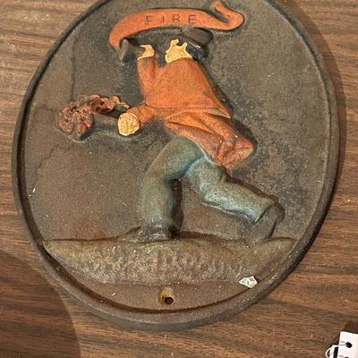 Vintage Cast Iron Fire Sign Plaque, Wilton with Man Carrying Torch