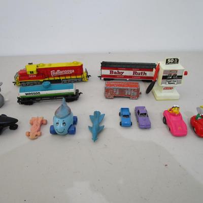 #18 3 HO train cars, and misc. cars