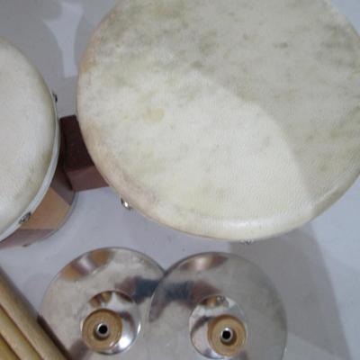 #75 Bongo Drums, toy cymbals, 4 drum sticks