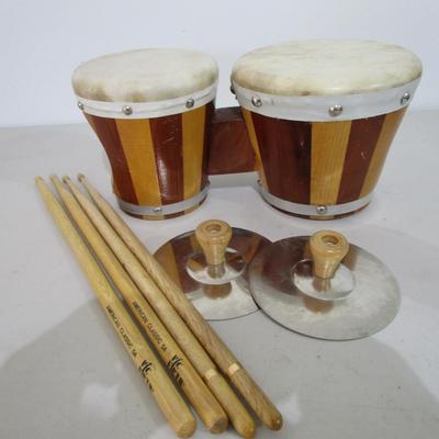 #75 Bongo Drums, toy cymbals, 4 drum sticks