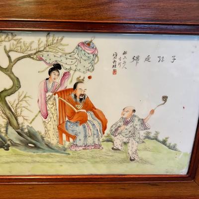 Antique Chinese Famille Hand Painted Table Screen Plaque 19th Century
