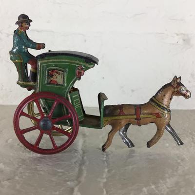 B1099 Rare Meier Antique Horse Drawn Green Taxi Tin Lithograph German Penny Toy
