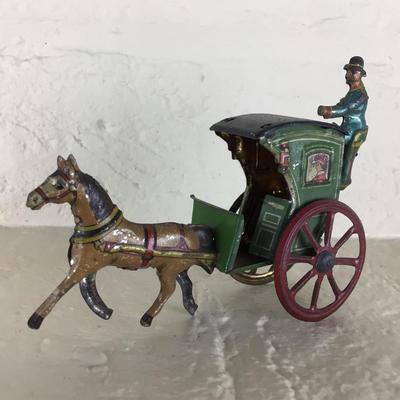 B1099 Rare Meier Antique Horse Drawn Green Taxi Tin Lithograph German Penny Toy