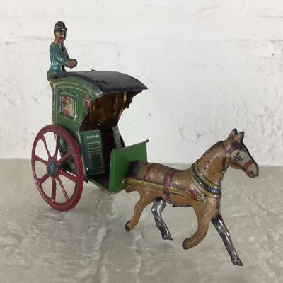 B1099 Rare Meier Antique Horse Drawn Green Taxi Tin Lithograph German Penny Toy