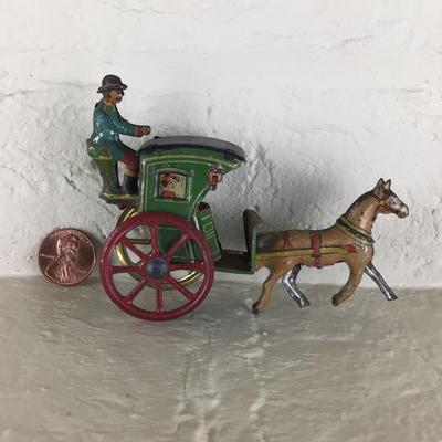 B1099 Rare Meier Antique Horse Drawn Green Taxi Tin Lithograph German Penny Toy