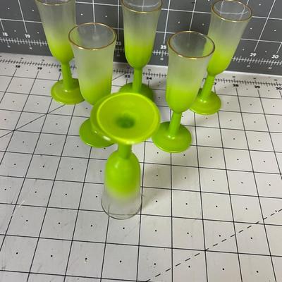 6 Green Glass Frosted Cordials 