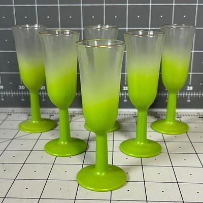6 Green Glass Frosted Cordials 