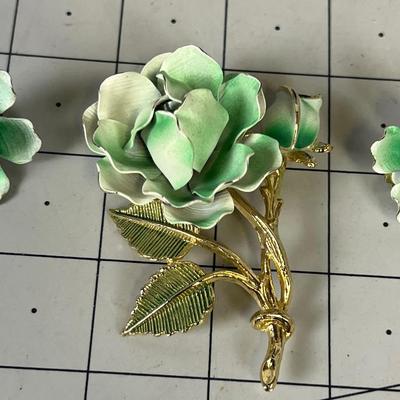 Metal Green Rose Brooch Plus Matching Earing SET 