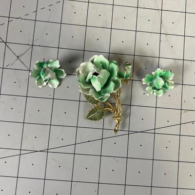 Metal Green Rose Brooch Plus Matching Earing SET 
