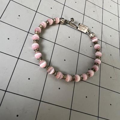 Pink Cats Eye and 925 Silver Bracelet 