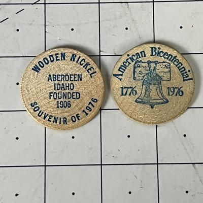 2 Wooden Nickels, Aberdeen Idaho 1976 