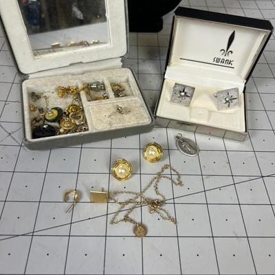2 Small Jewelry Boxes: Neck Tie Pin, Necklace, Earing= Treasures
