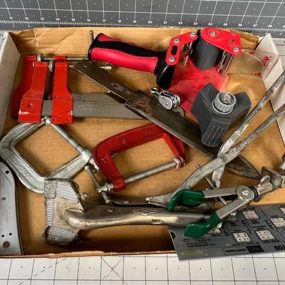 Tray of Tools Clamps Knife etc.