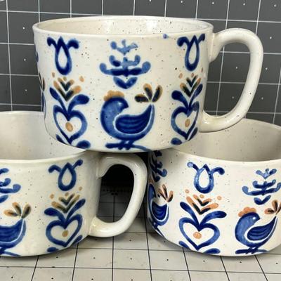 3 Blue Bird Stoneware Soup Cups Gettysburg 