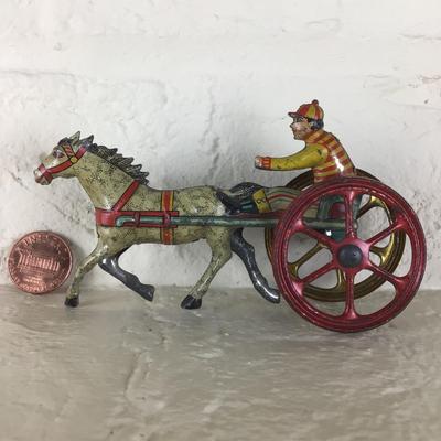B1184 Rare Meier Harness Racing Jockey Tin Lithographed German Penny Toy