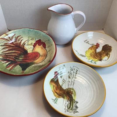 K1149 Four Large William Sonoma Rooster Bowls with Sur La Table Pitcher