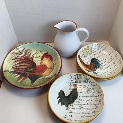 K1149 Four Large William Sonoma Rooster Bowls with Sur La Table Pitcher