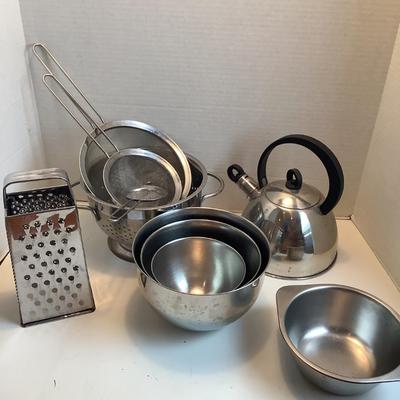 K1162 Lot of Stainless Steel Tea kettle, Strainers, Bowls, Grader