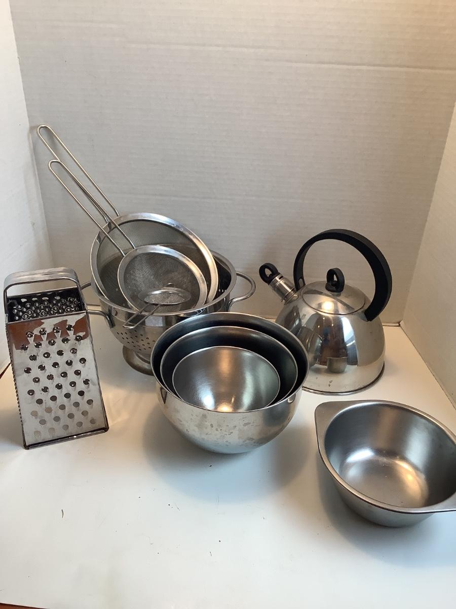 K1162 Lot of Stainless Steel Tea kettle, Strainers, Bowls, Grader