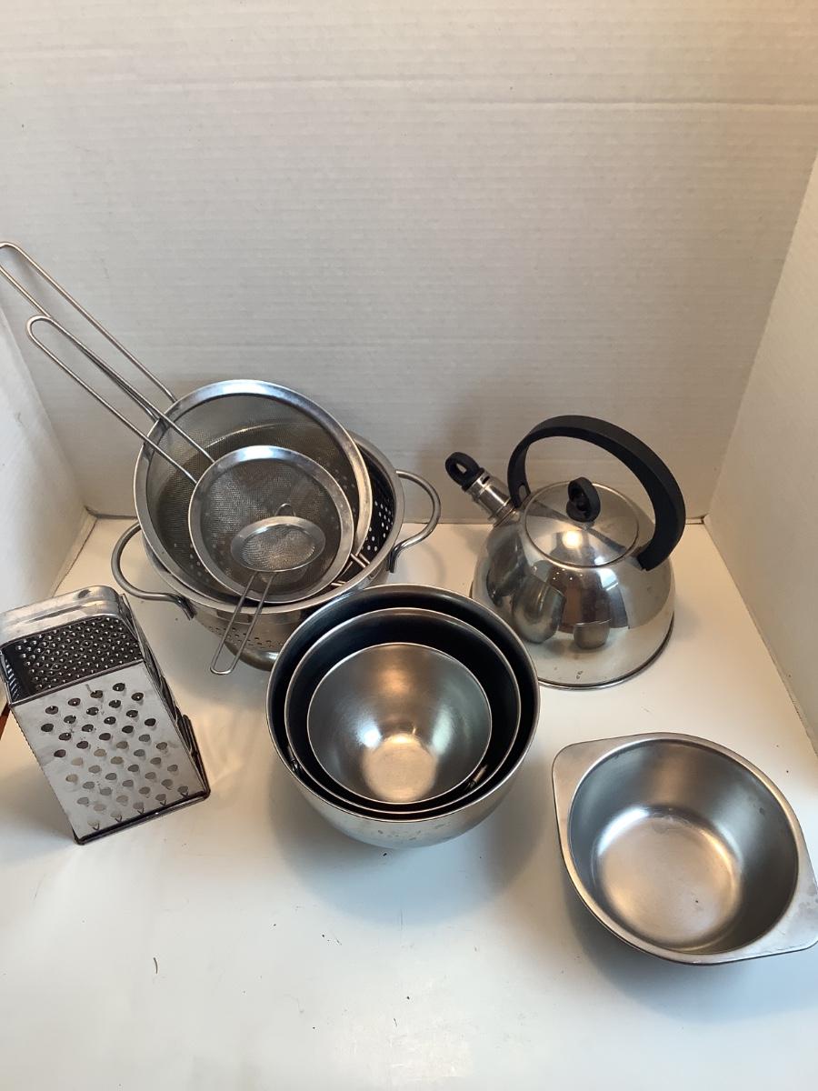 K1162 Lot of Stainless Steel Tea kettle, Strainers, Bowls, Grader