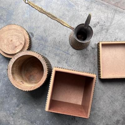 Miscellaneous brass boxes and pourer
