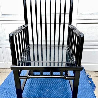LOT 101  VINTAGE BLACK LACQUER CHINESE MODERN ARM CHAIR SPINDLE BACK & SIDES