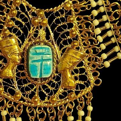 Egyptian Revival 1940's Statement Gold & Scarab Filligee Necklace