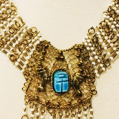 Egyptian Revival 1940's Statement Gold & Scarab Filligee Necklace