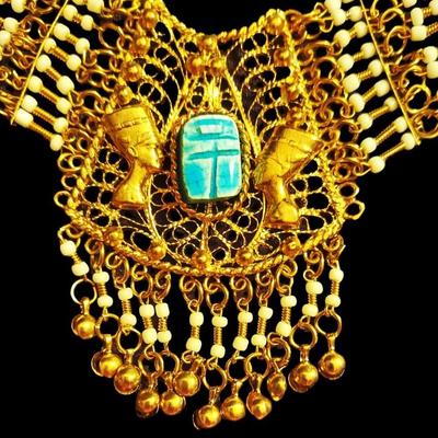 Egyptian Revival 1940's Statement Gold & Scarab Filligee Necklace