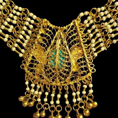 Egyptian Revival 1940's Statement Gold & Scarab Filligee Necklace