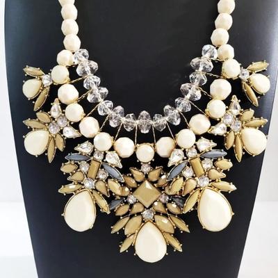 1960's Statement Celluloid/Lucite Necklace Floral Rhinestones Clear Beads