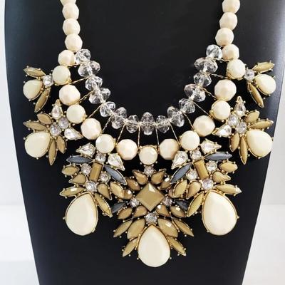 1960's Statement Celluloid/Lucite Necklace Floral Rhinestones Clear Beads