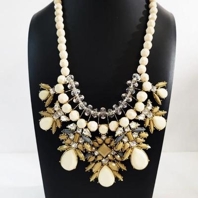 1960's Statement Celluloid/Lucite Necklace Floral Rhinestones Clear Beads