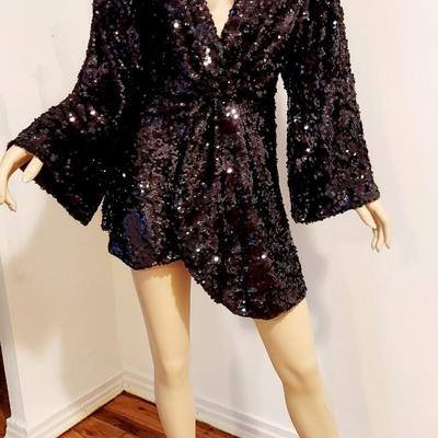 onyx Black Sequins Evening Jacket High Low  Peplum Style