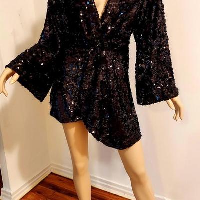 onyx Black Sequins Evening Jacket High Low  Peplum Style