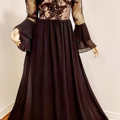 French Lace Illusion Maxi Fluid Dress Bell Sleeves Chiffon