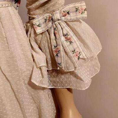 Prairie Piquet 1970's Maxi Dress Embroidered Ribbons Train and Layered Ruffle