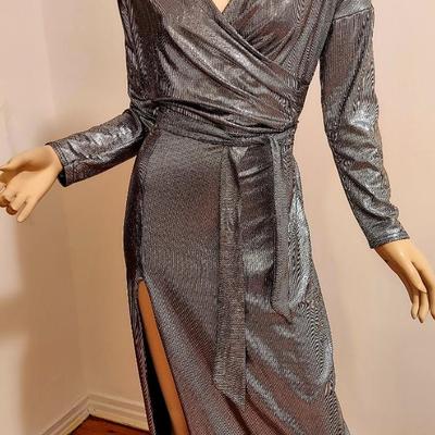 Silver Metallic Off Shoulder  High Slit Maxi Gown Sash Belt  UK