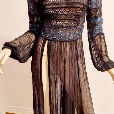 Free People Floral Blue Embroidered lace On Black Bodice lace Sheer Chiffon High Slit skirt