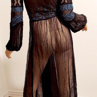 Free People Floral Blue Embroidered lace On Black Bodice lace Sheer Chiffon High Slit skirt