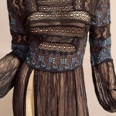 Free People Floral Blue Embroidered lace On Black Bodice lace Sheer Chiffon High Slit skirt