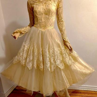 1940's lace and Tulle  Ball Gown/Wedding  Buttoned back Pearl sequins