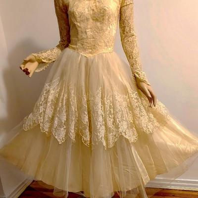 1940's lace and Tulle  Ball Gown/Wedding  Buttoned back Pearl sequins