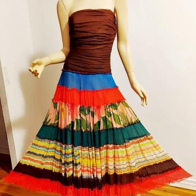 Maxi Crinkle  Silk Layered Patchwork Color Block Strapless dress Fluid