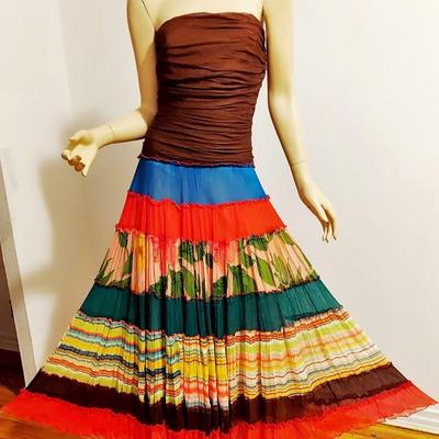 Maxi Crinkle  Silk Layered Patchwork Color Block Strapless dress Fluid