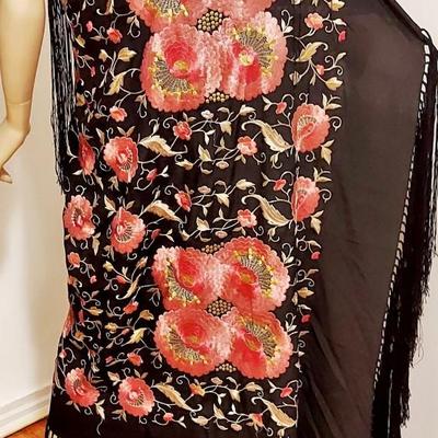 Antique Piano Shawl Silk Floral Mantilla Long Silk Fringes