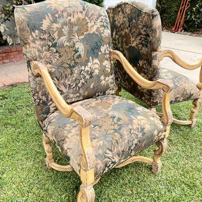 LOT 107   PAIR OF KREISS FURNITURE ROUSSEAU ARM/THRONE CHAIRS TAPESTRY UPHOLSTERY