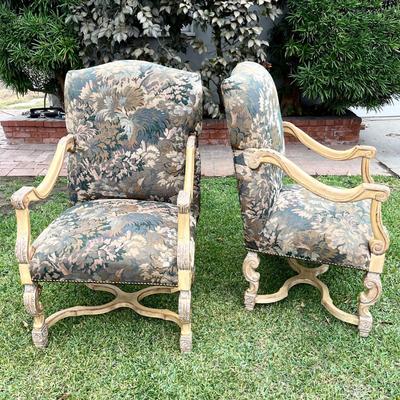 LOT 107   PAIR OF KREISS FURNITURE ROUSSEAU ARM/THRONE CHAIRS TAPESTRY UPHOLSTERY