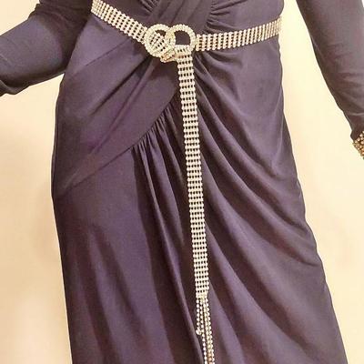 Grecian Draped  Embellished Maxi Blue Gown Crstals & Rhinestone Belt